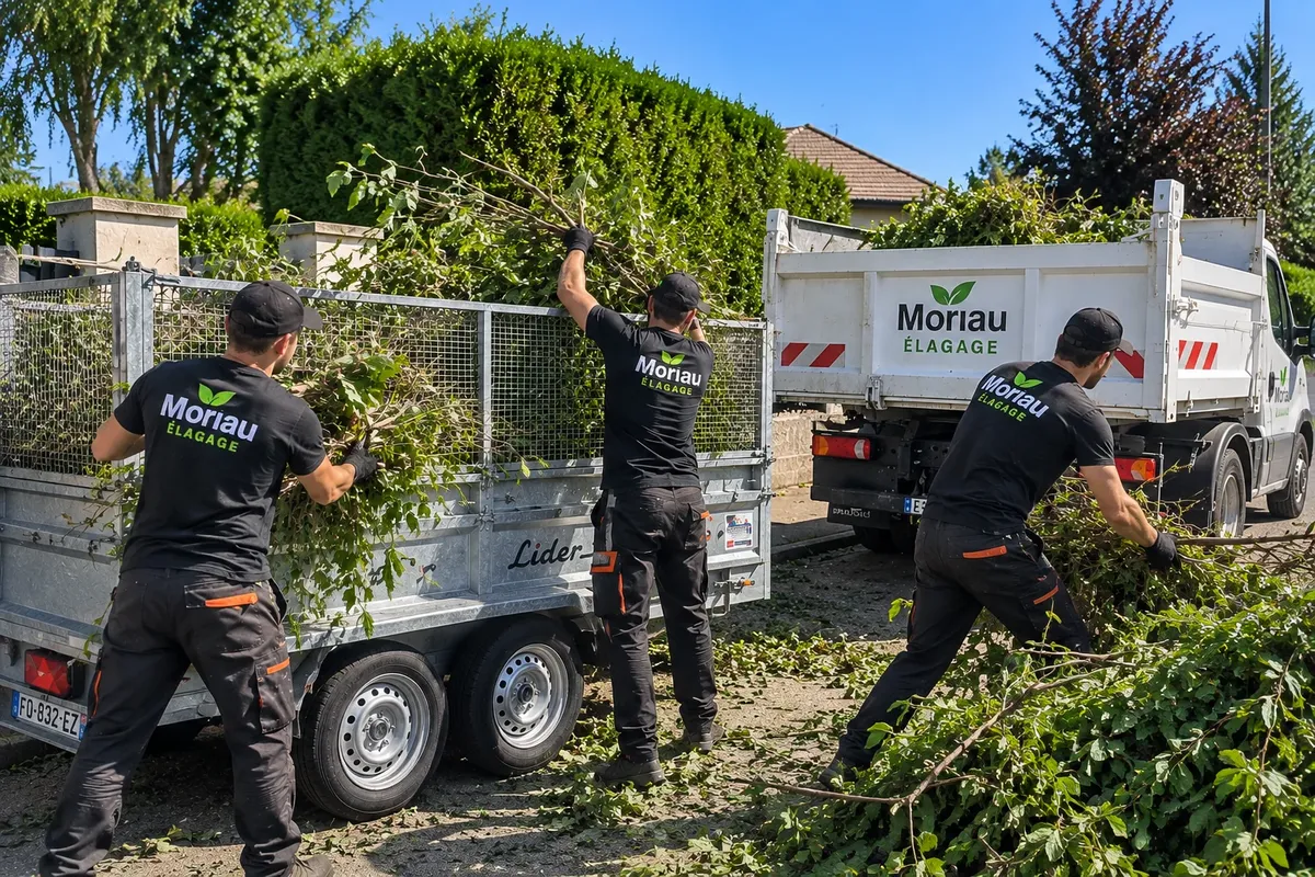 Évacuation des déchets verts en camion-benne et remorque